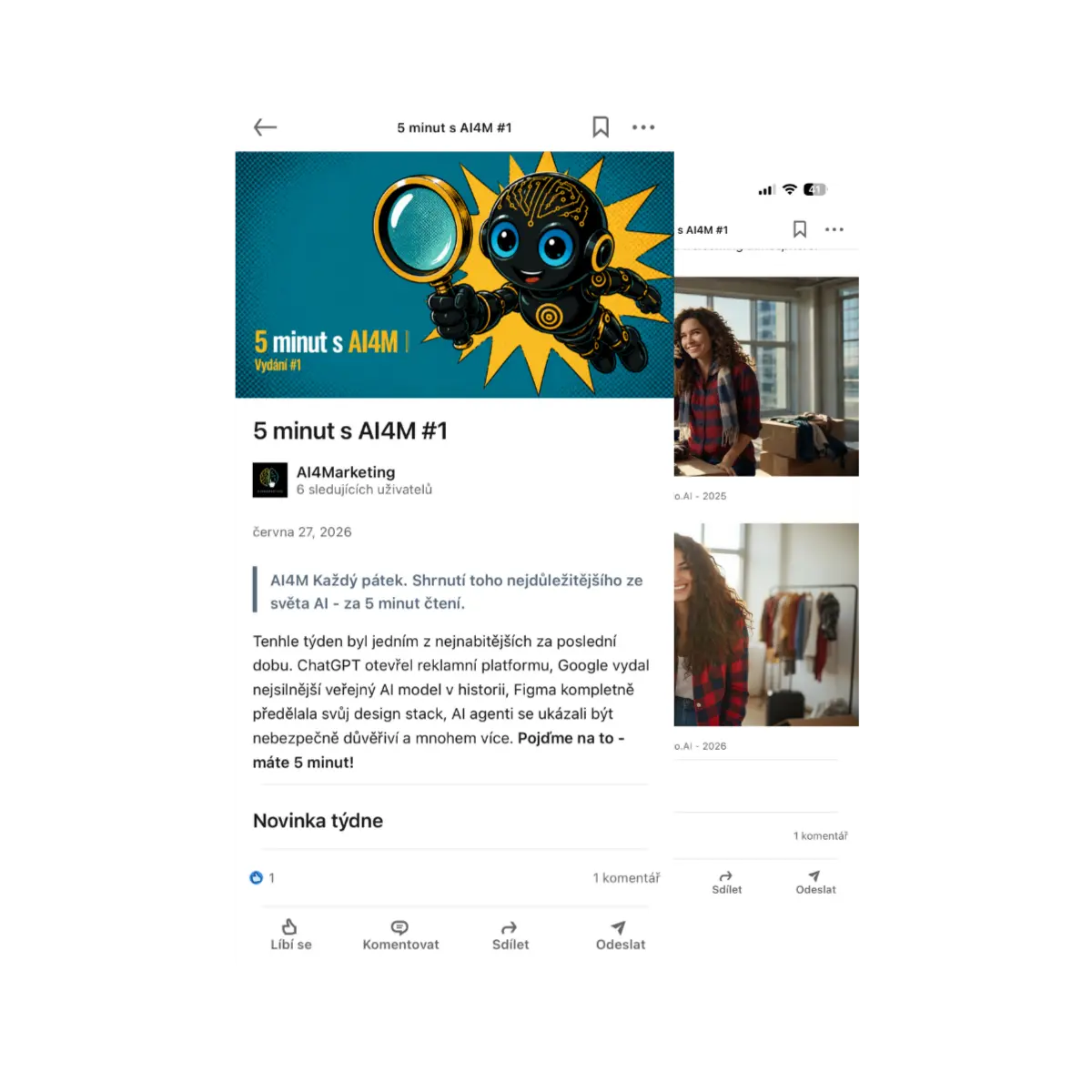 5 minut s AI4M — ukázka newsletteru na mobilu